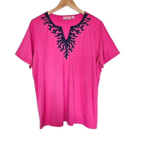 Quacker Factory Pink Top Size 1X Navy Blue Beaded Embellished Neckline Artsy - Picture 1 of 10